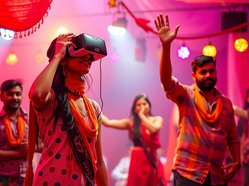 VR Bollywood Vibes Holi event showing colorful dance effects and players covered in virtual gulal