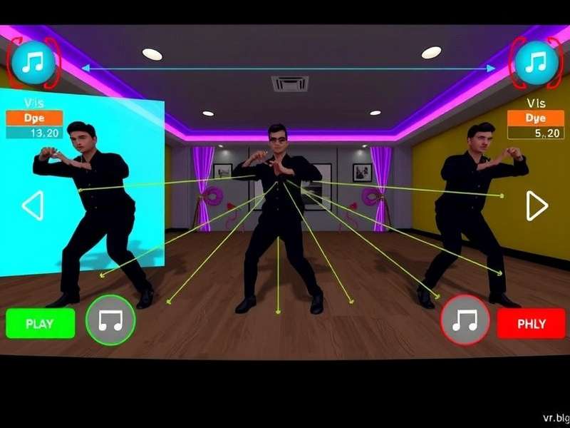 VR Bollywood Vibes showing motion tracking points and rhythm prompts during a dance sequence